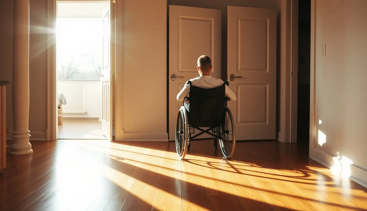 Person in wheelchair at doorway of a sunlit apartment bedroom