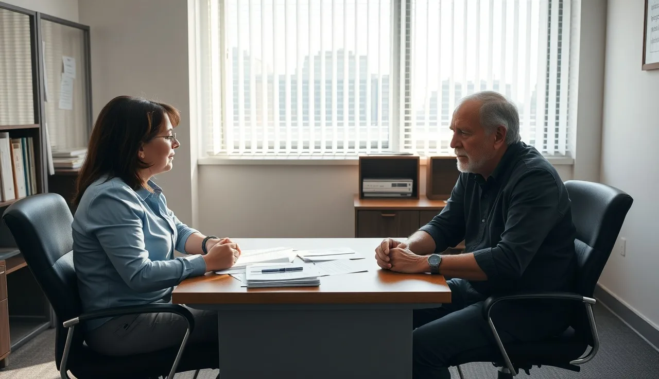 Caseworker and voucher holder reviewing housing documents at an office desk