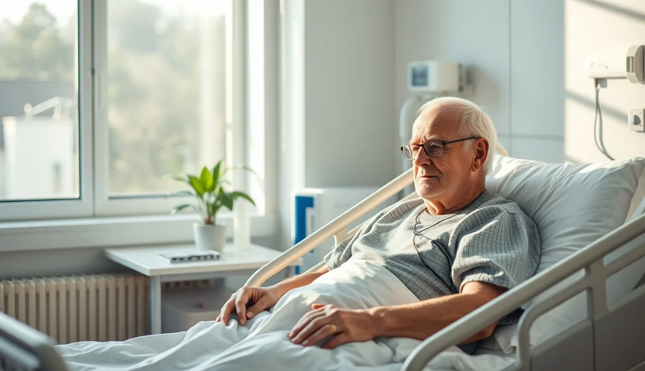 Elderly patient resting in a sunlit hospital room with personal belongings nearby