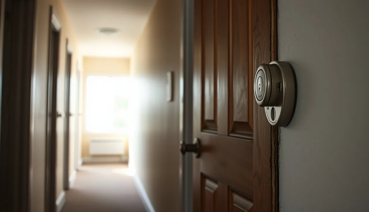Closed apartment door with deadbolt lock in subsidized housing hallway