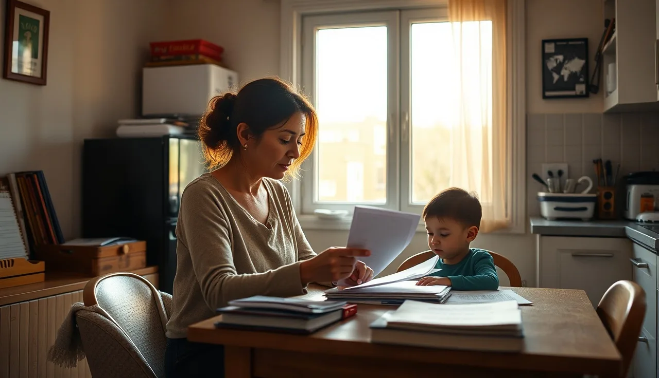 Woman at kitchen table reviewing eviction and rental assistance paperwork with child nearby