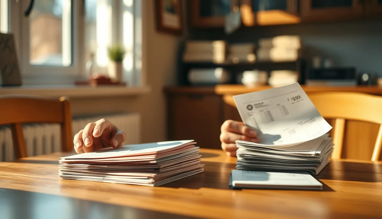 Person organizing income documents and pay stubs at a kitchen table for housing recertification