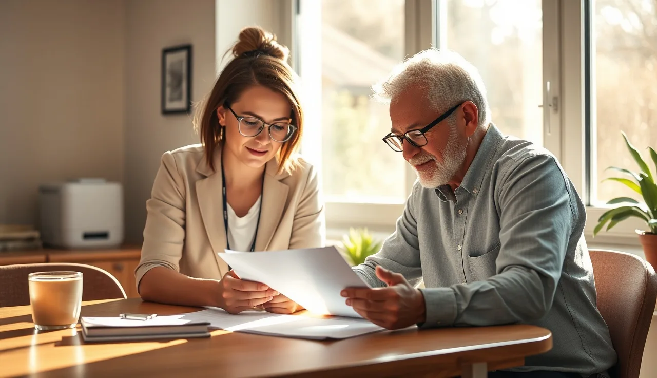 Housing caseworker and tenant reviewing program documents at a community office table