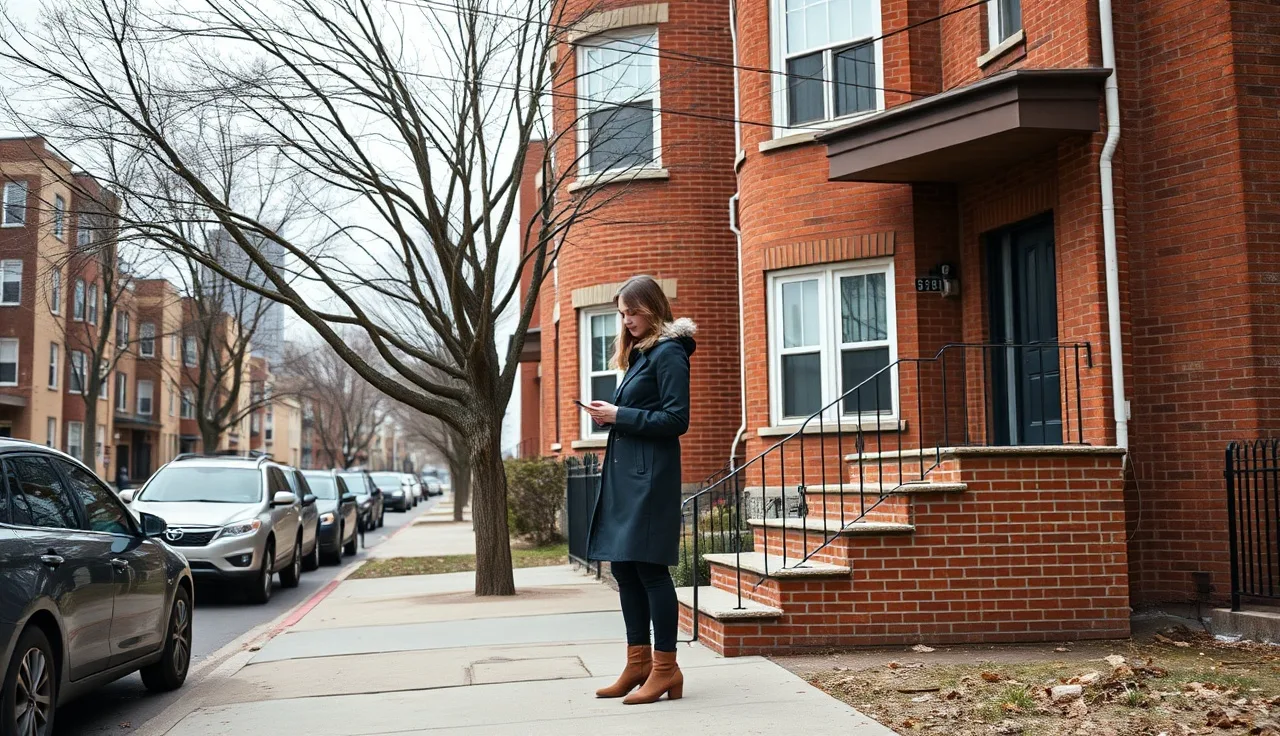 Woman checking phone outside Chicago brick apartment building on winter afternoon