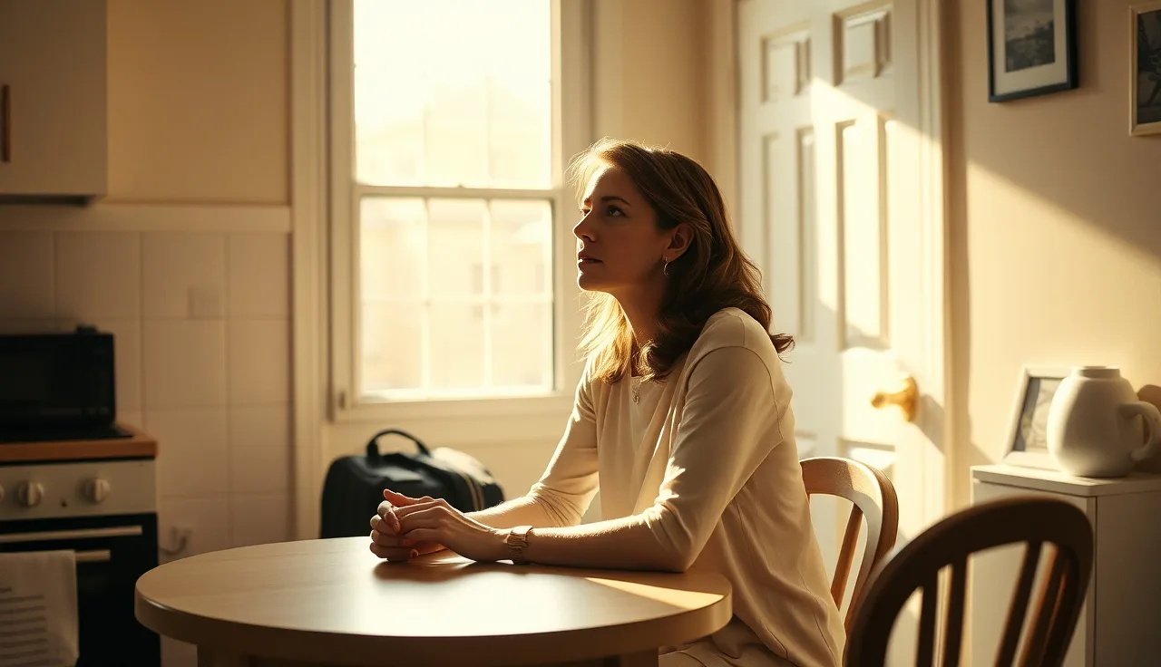 Woman at kitchen table with packed bag, ready to move to safety