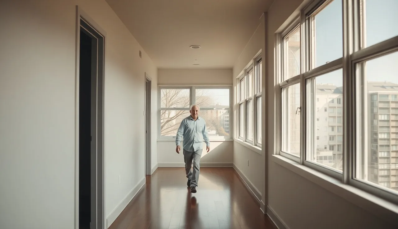 Resident walking through a freshly renovated public housing hallway after RAD conversion