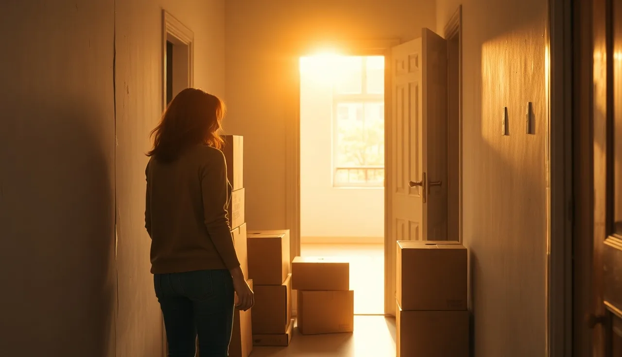 Woman standing in apartment hallway with moving boxes, displaced from her home