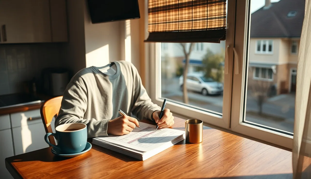 Person filling out housing application paperwork at a kitchen table with afternoon light
