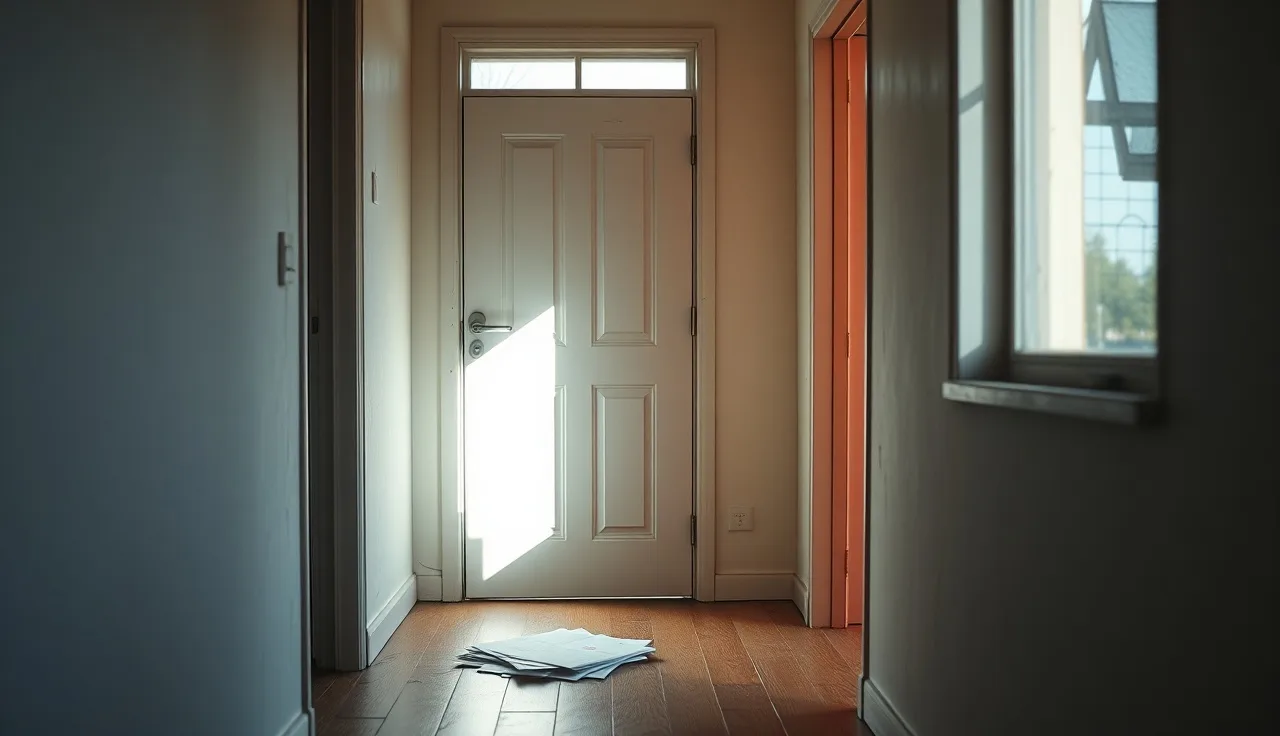 Empty apartment hallway with locked door and mail pile, suggesting prolonged absence
