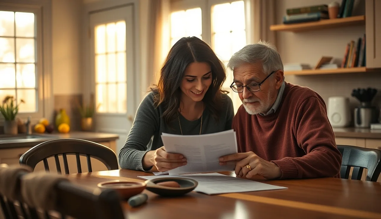 Adult woman and elderly parent reviewing housing paperwork at a kitchen table