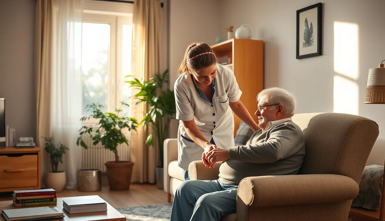 Caregiver assisting an elderly person in a sunlit apartment living room