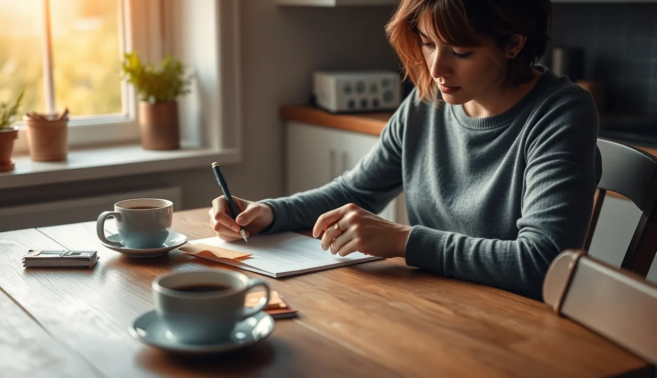 Person writing a hearing request letter at a kitchen table to appeal a section 8 termination