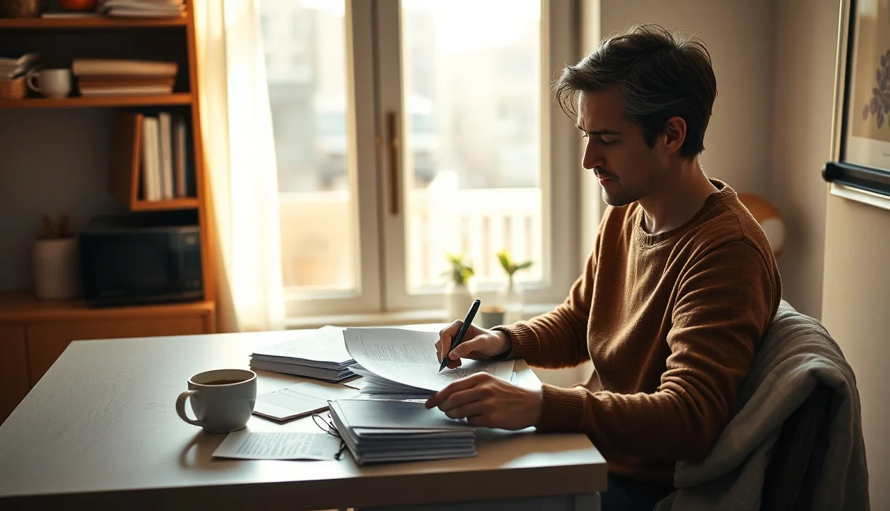 Person organizing housing documents at kitchen table to dispute a housing debt