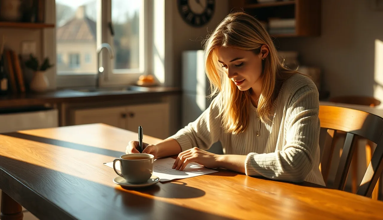 Woman writing VAWA housing documentation forms at a kitchen table