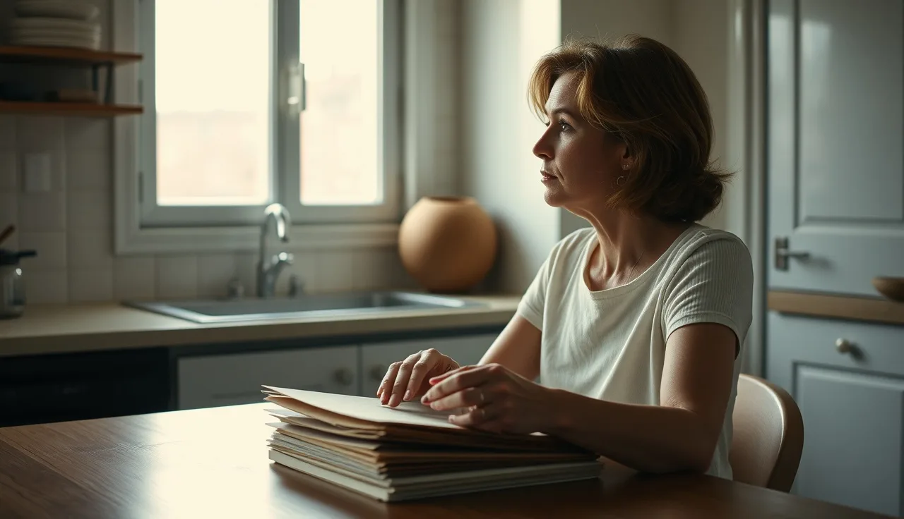 Woman at kitchen table with folder of documents, morning light, domestic violence housing paperwork