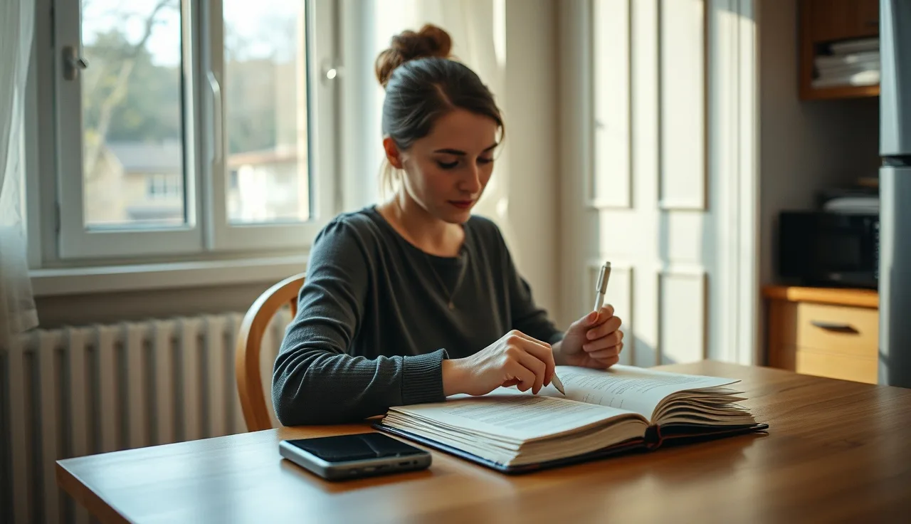 Tenant documenting landlord retaliation at a kitchen table with papers and notebook