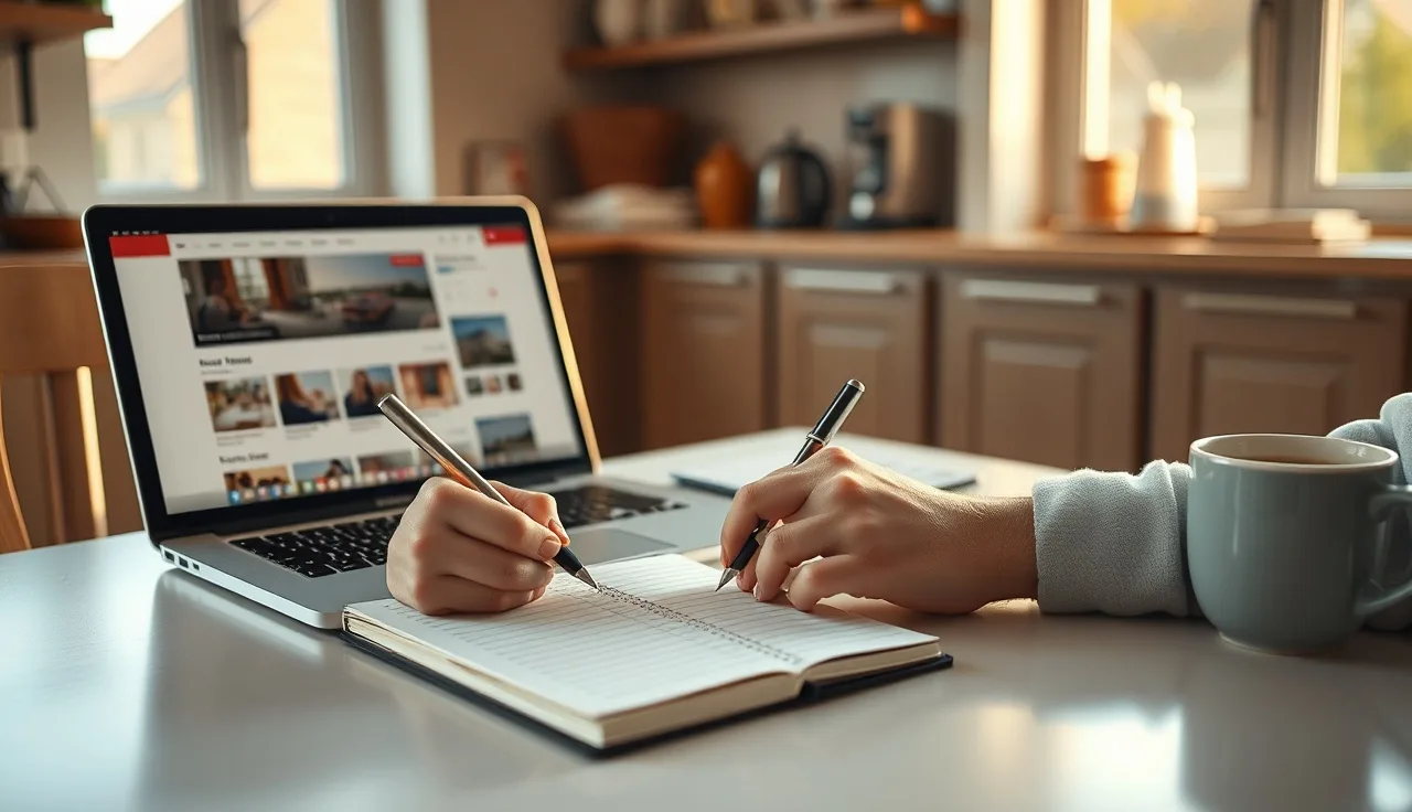 Person documenting housing search efforts in a notebook at a kitchen table