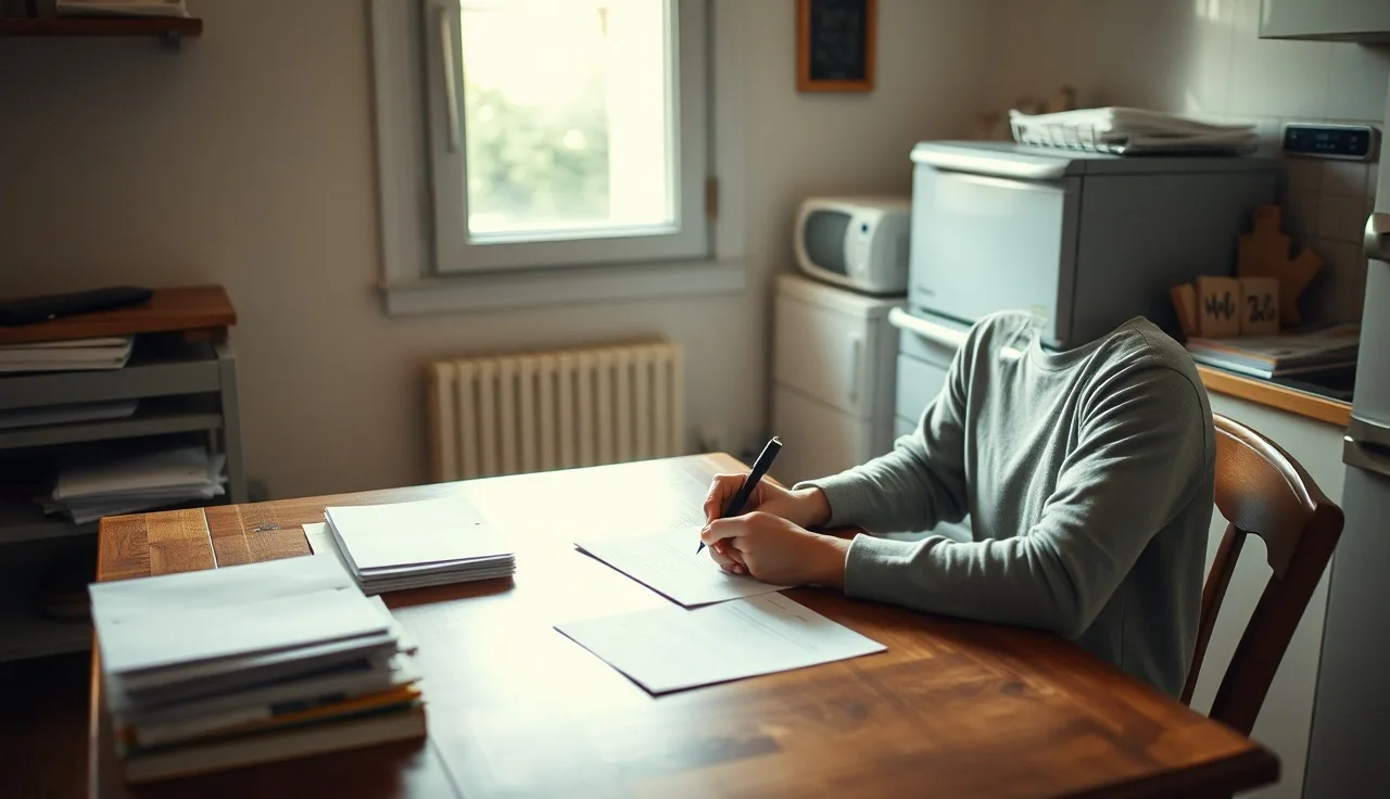 Person writing a fair housing complaint letter at a kitchen table
