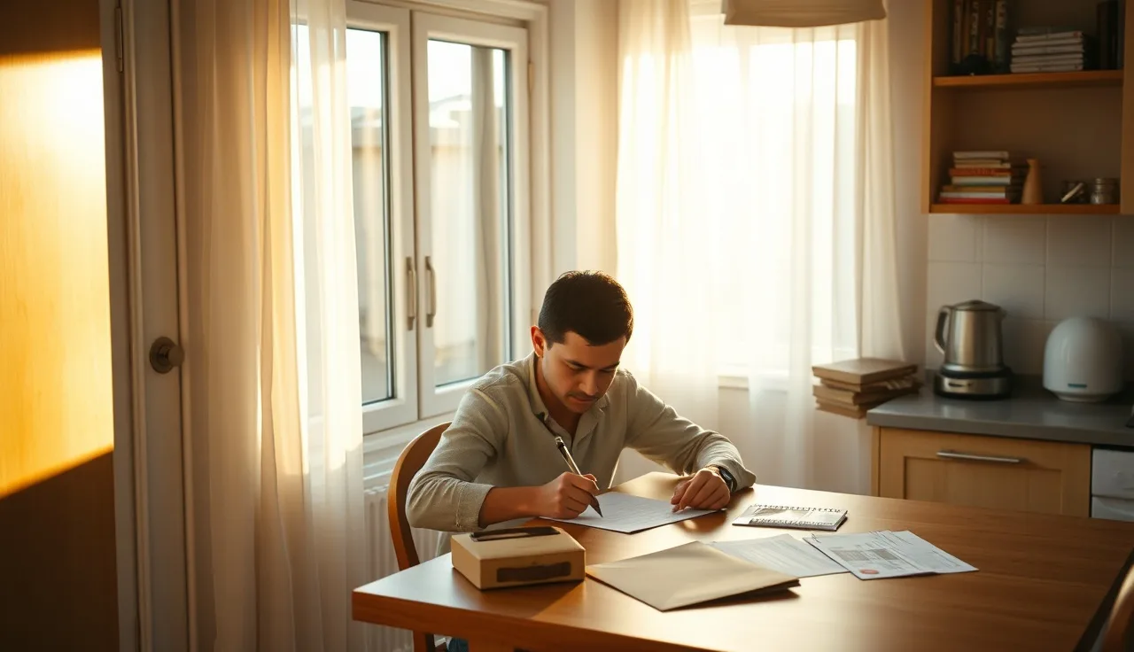 Person writing a housing discrimination complaint at a kitchen table with documents