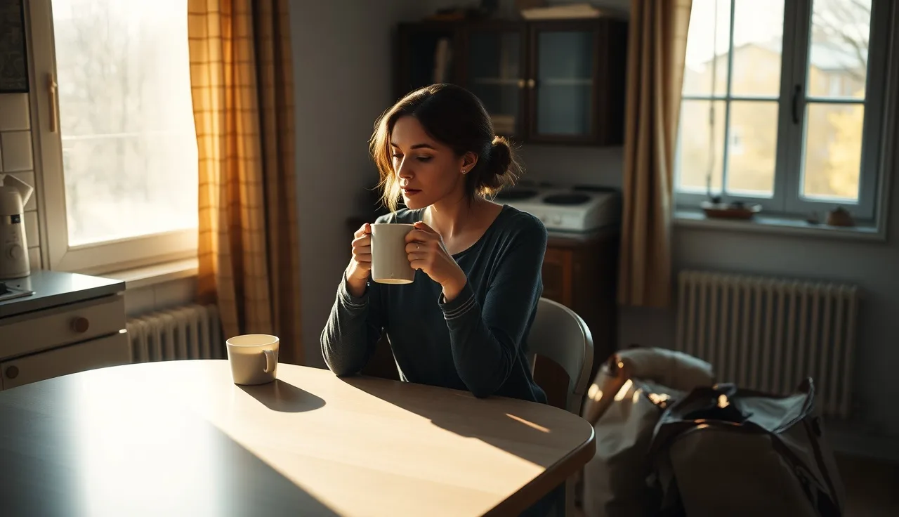 Woman sitting at kitchen table in new apartment after leaving domestic violence situation