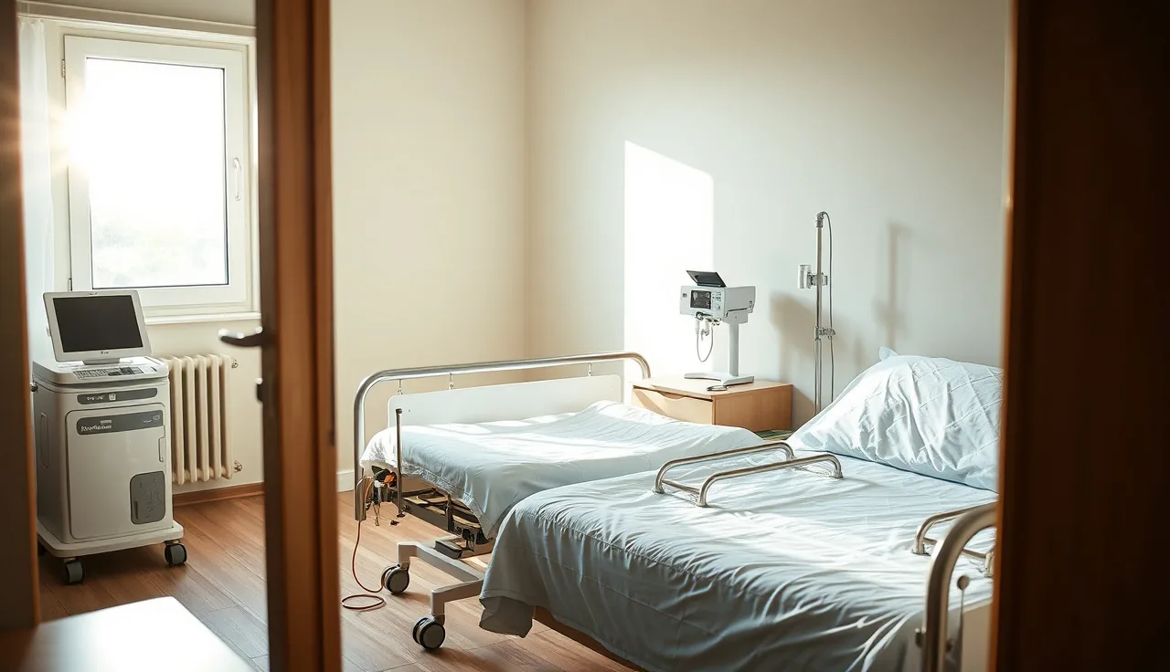 Sunlit bedroom with medical bed and equipment for disability housing need