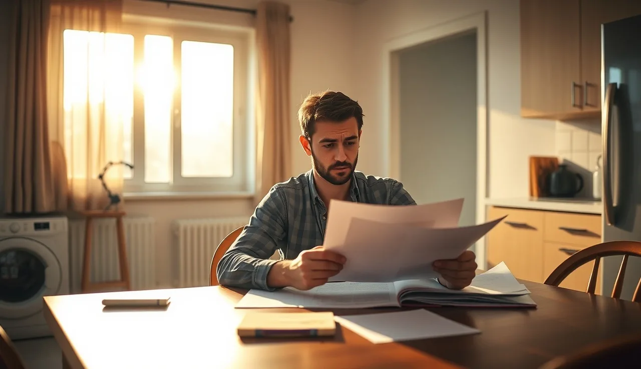 Tenant reviewing housing documents at table in empty apartment, concerned expression