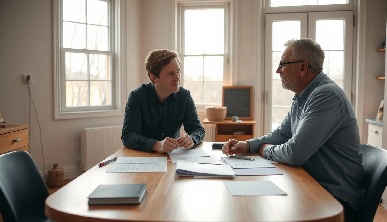 Tenant and landlord reviewing voucher documents together at a kitchen table
