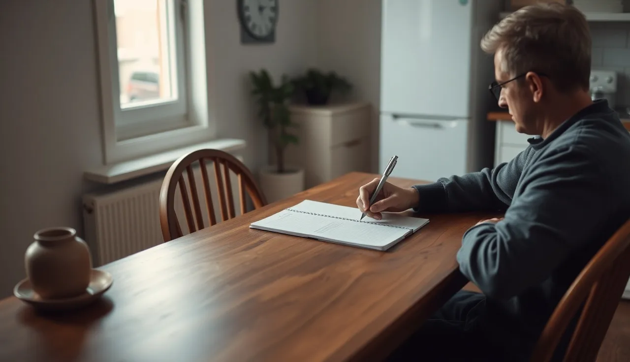 Person writing a complaint report at a kitchen table in morning light