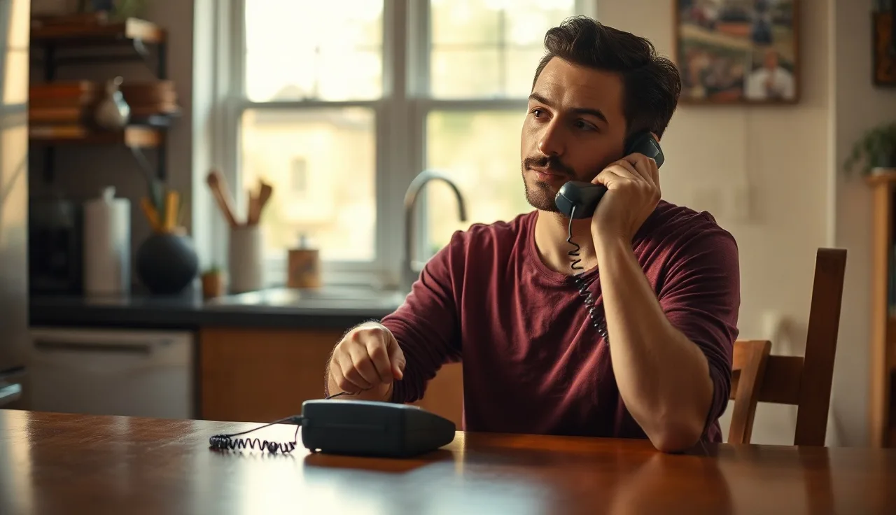 Person holding a phone at a kitchen table preparing to report housing fraud