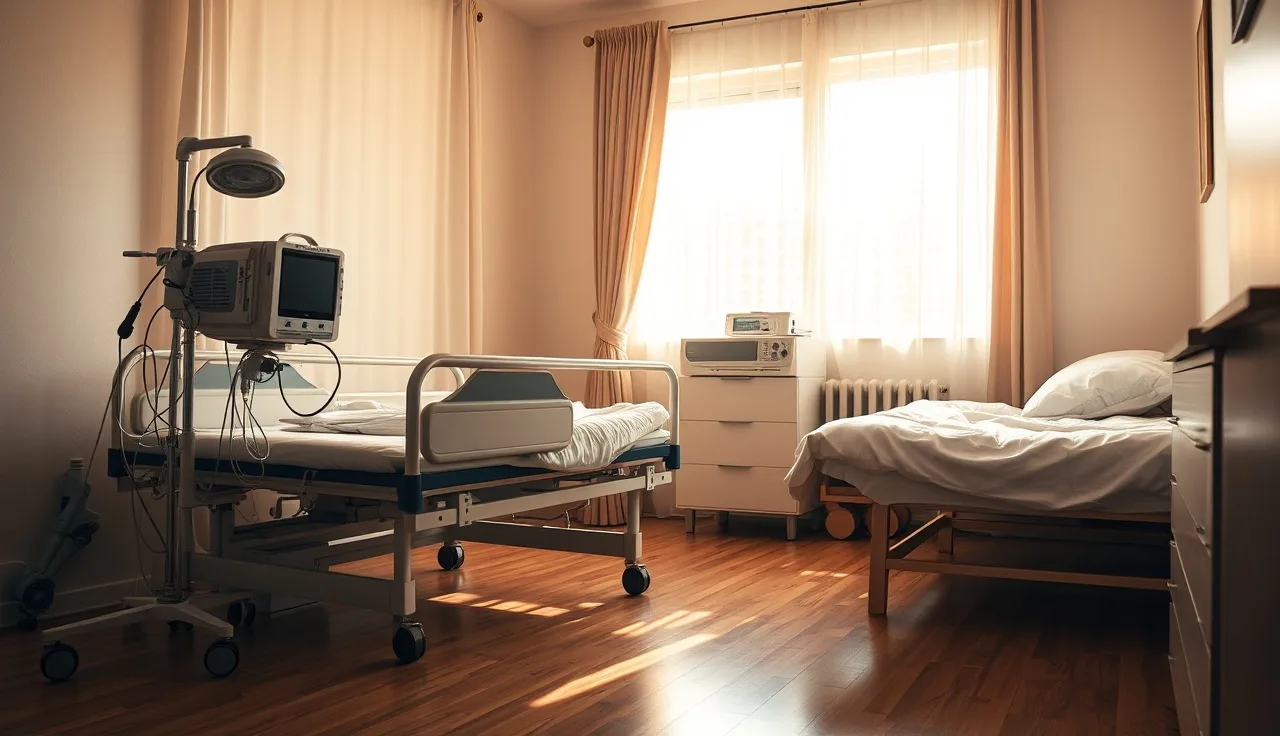 Hospital bed and ventilator in a spare bedroom set up for home medical equipment
