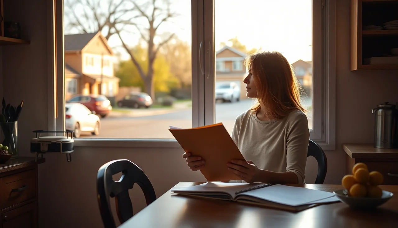 Woman holding housing paperwork at kitchen table, preparing an emergency transfer request