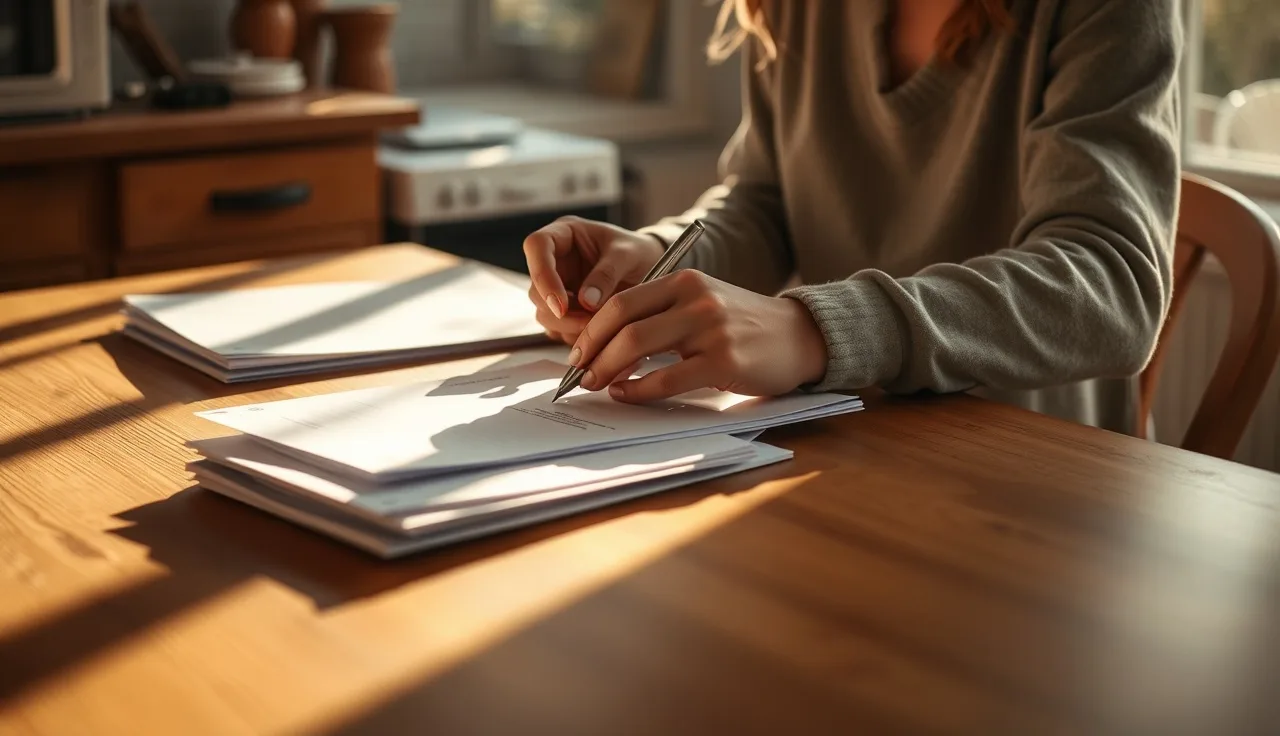 Person organizing appeal documents at a kitchen table before a Section 8 hearing