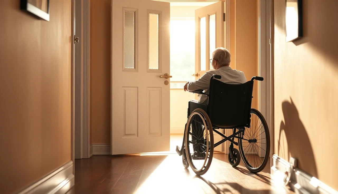 Person in wheelchair entering a sunlit accessible ground-floor apartment doorway