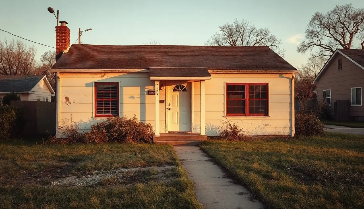 Empty foreclosed suburban home with overgrown yard on a quiet residential street