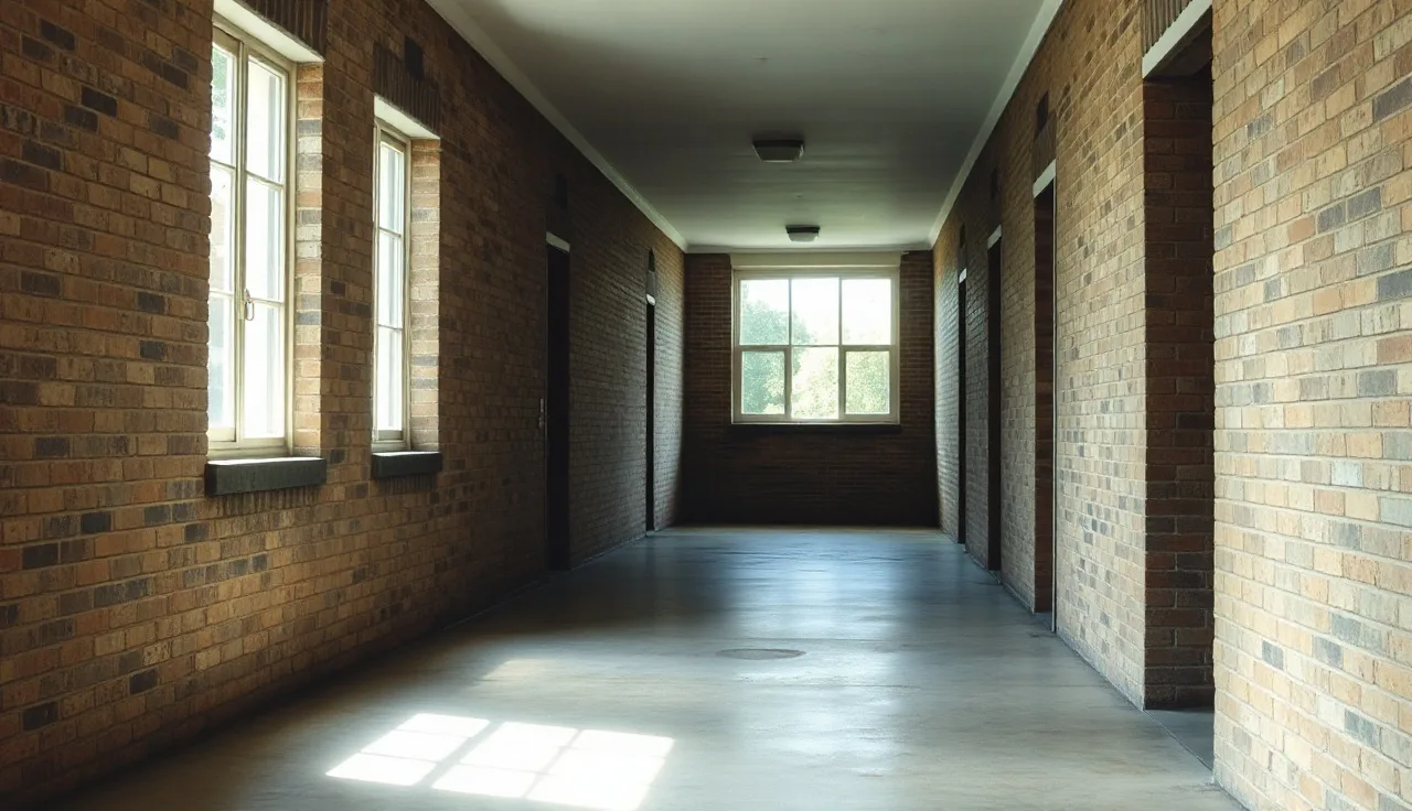 Empty public housing corridor with morning light streaming through windows