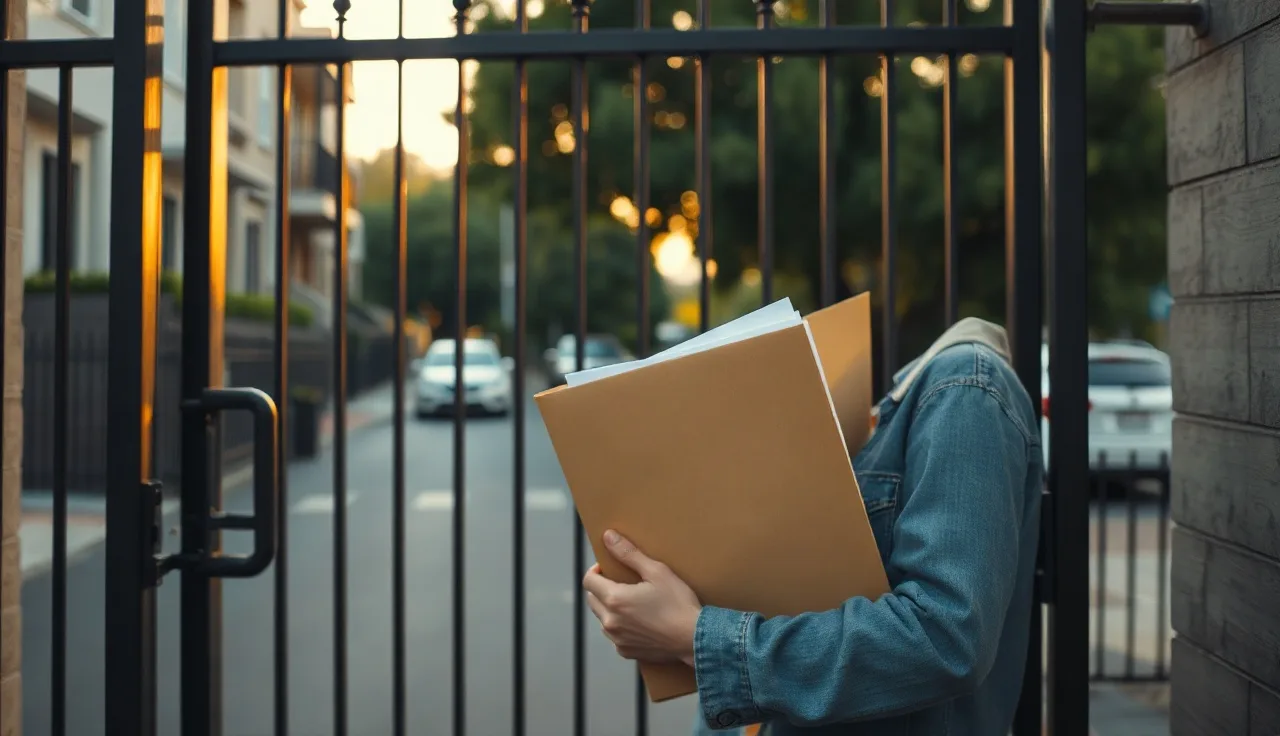 Tenant holding rental documents outside an LA apartment gate, Section 8 voucher rejection context