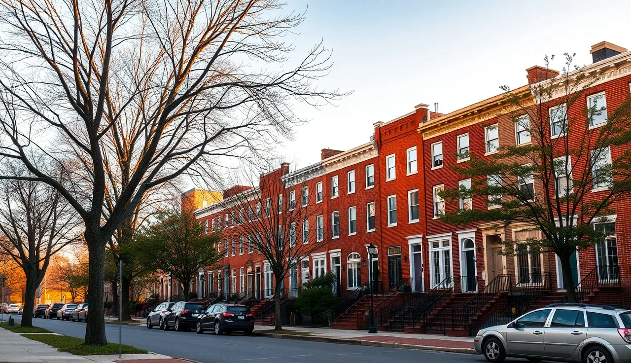 Brick row houses on a quiet Baltimore street representing voucher housing in Maryland