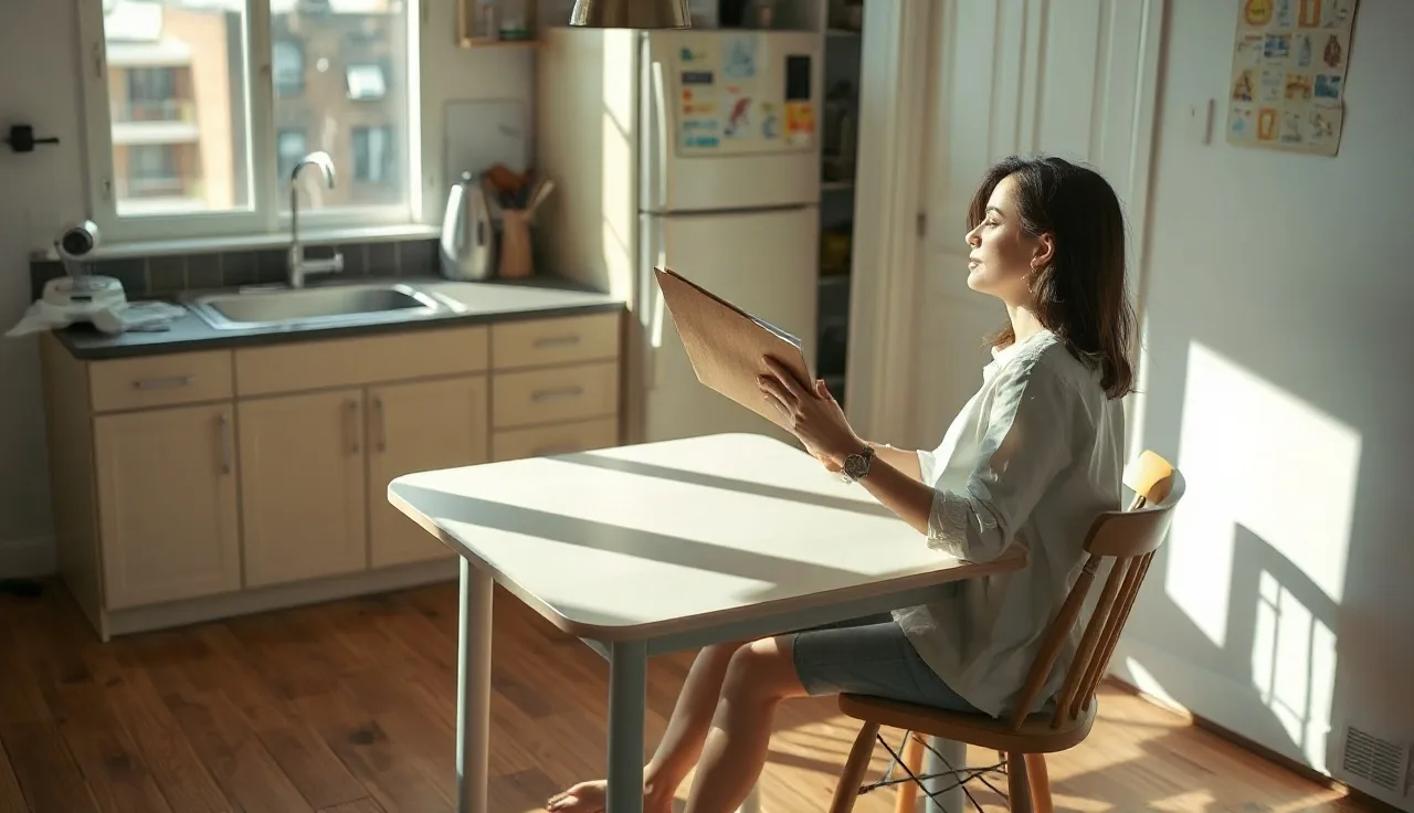 Woman at kitchen table with housing paperwork, preparing to port Section 8 voucher