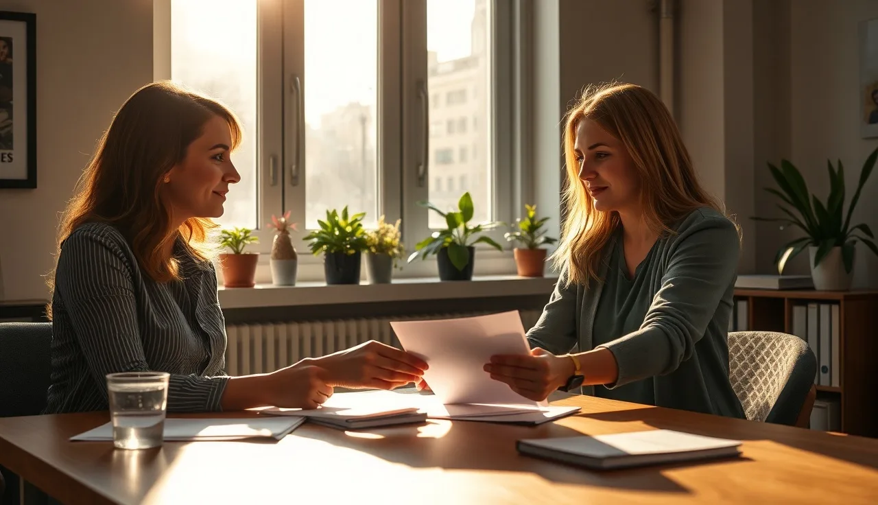 Caseworker handing rental deposit assistance paperwork to a tenant at a sunlit desk
