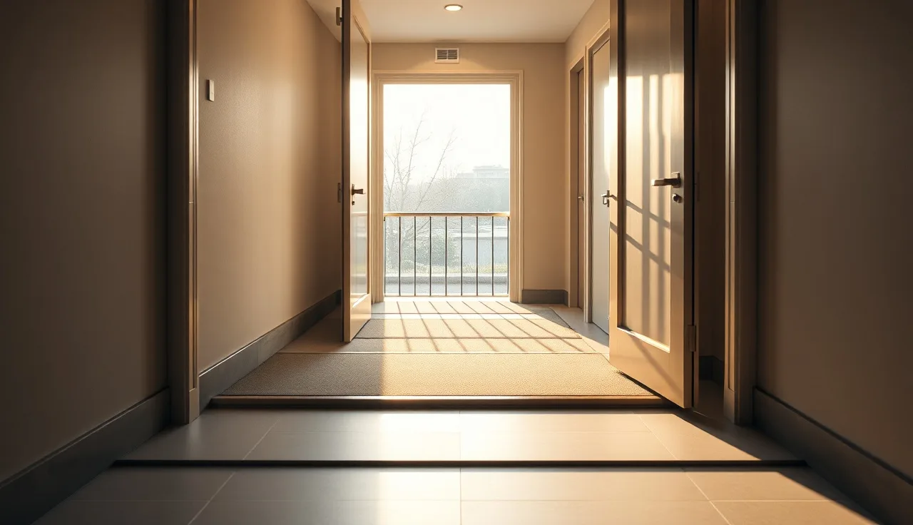 Accessible apartment entrance with ramp and wide doorway in afternoon light