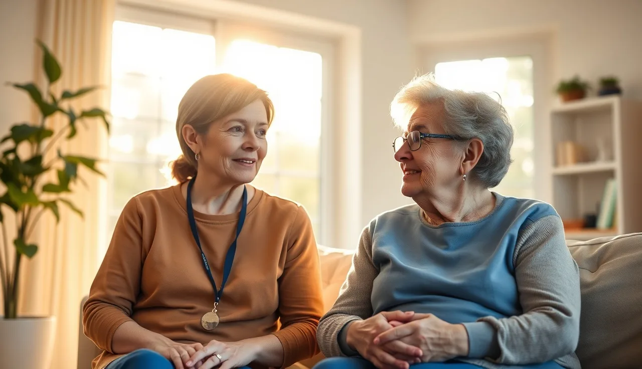 A home health aide sitting beside an elderly voucher household member in a sunlit living room