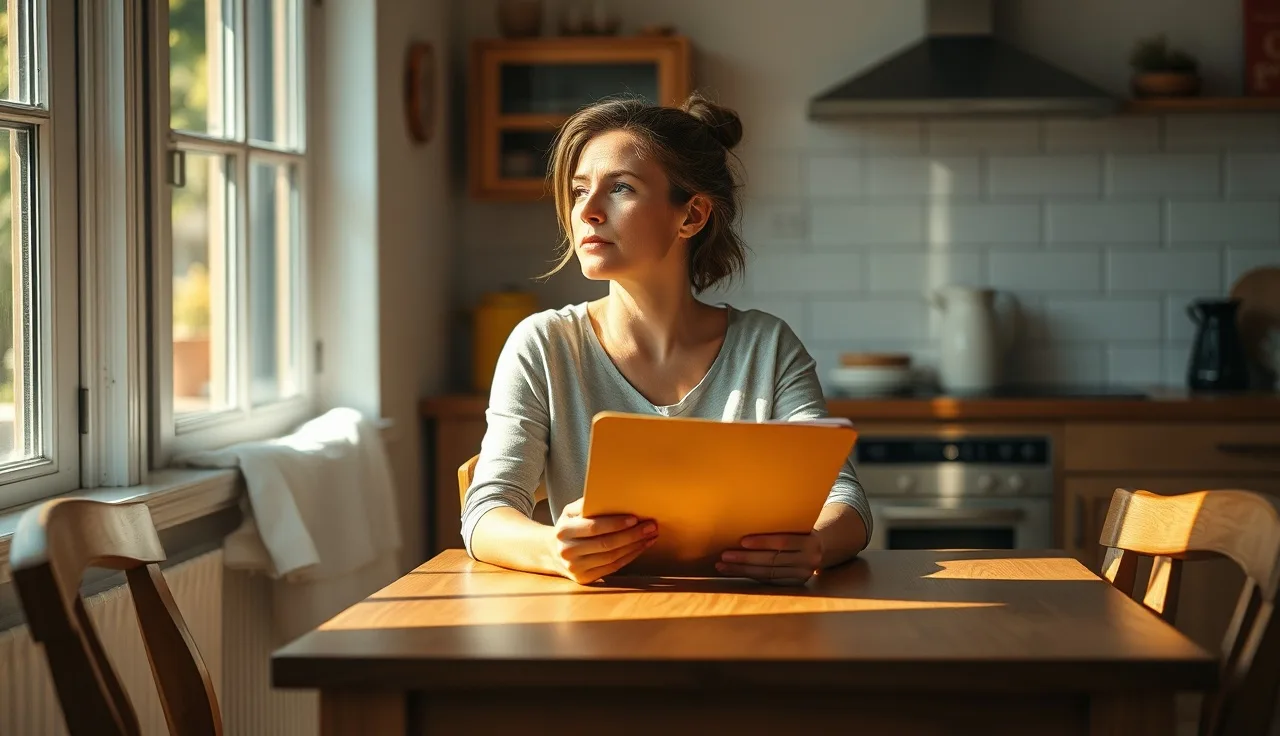 Woman at kitchen table with documents, quiet morning light, VAWA housing rights