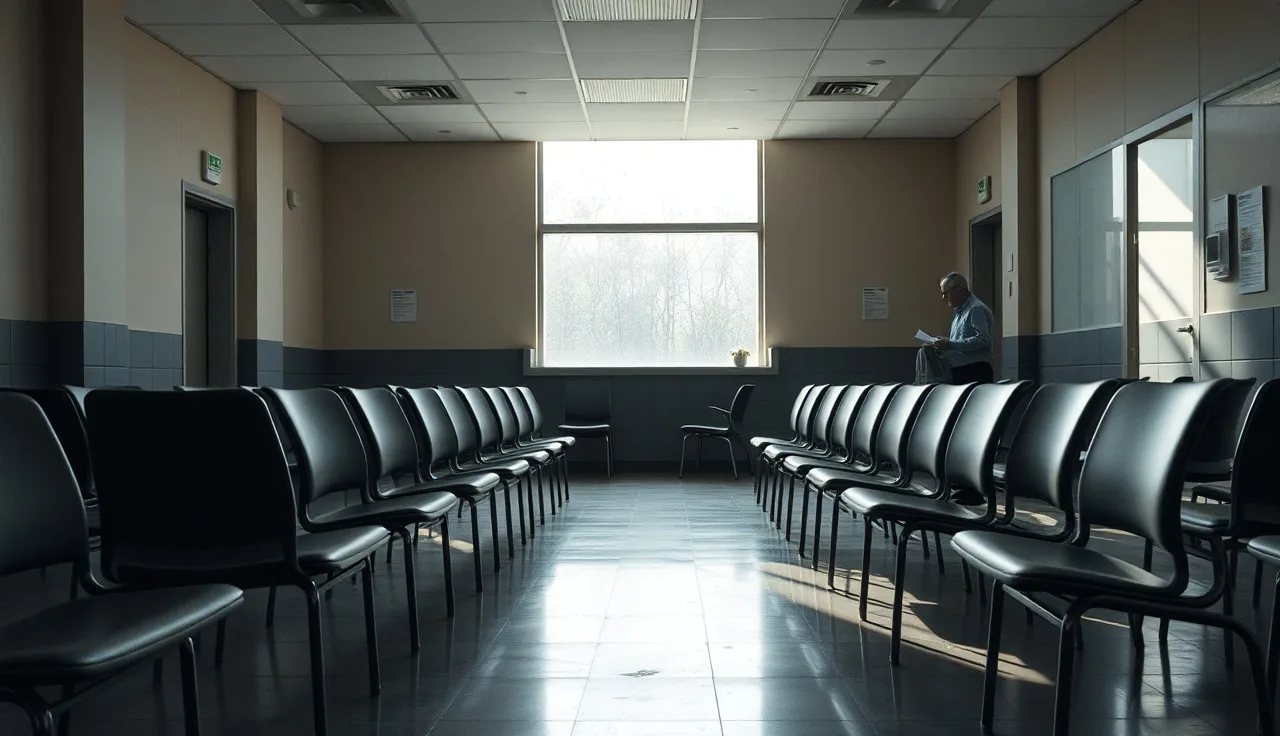 Empty housing authority waiting room with person reviewing documents at counter