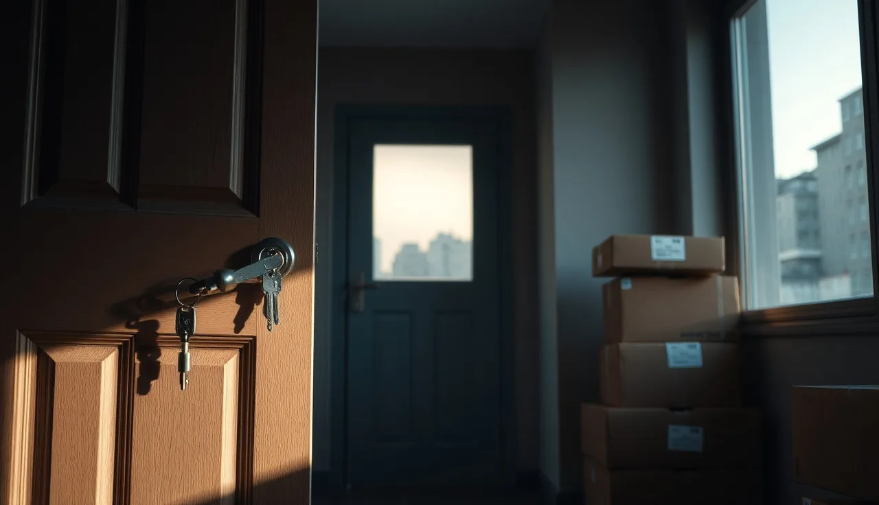 Locked apartment door with keys left on doorstep, cardboard boxes in hallway