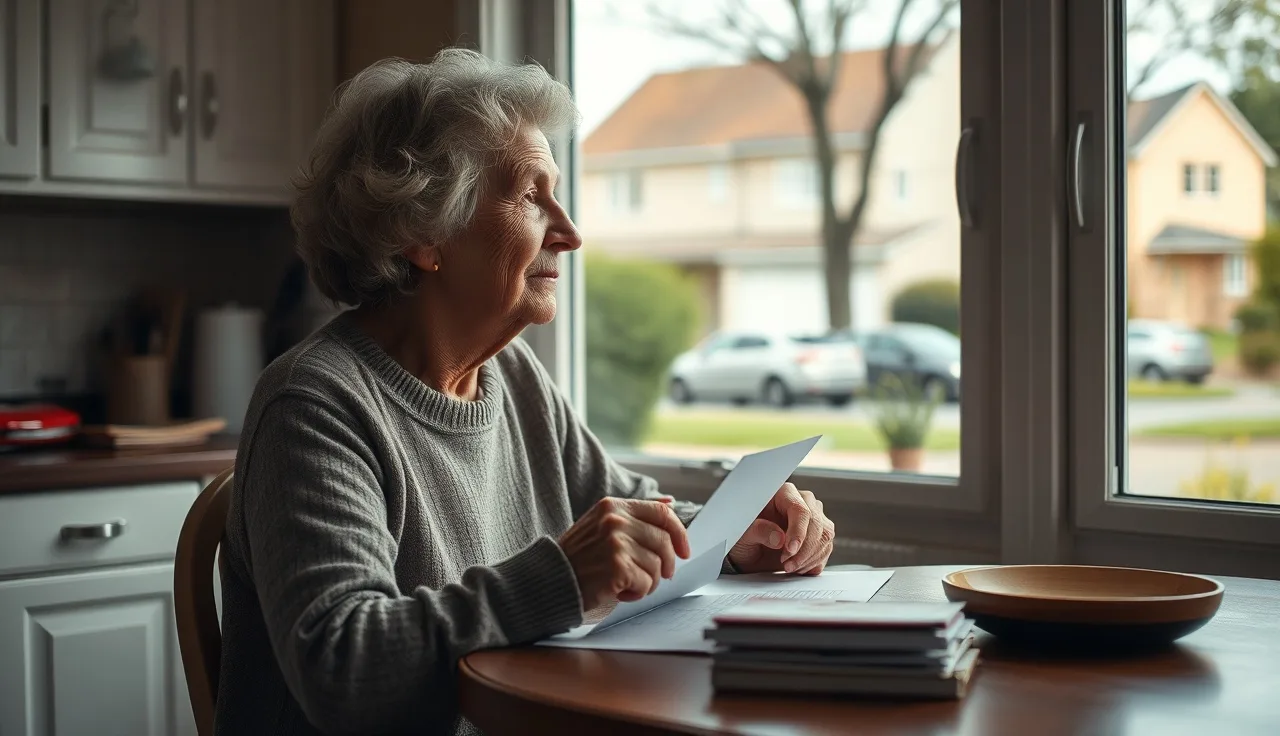 Older woman at kitchen table holding envelope, inherited money and housing voucher concerns