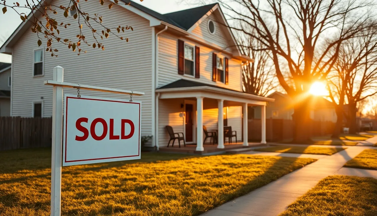 Sold sign in front of a rental house on a residential street at golden hour
