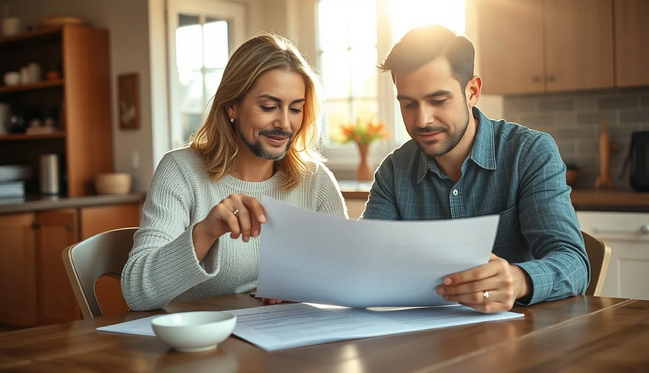 Couple reviewing housing paperwork at kitchen table after a life change