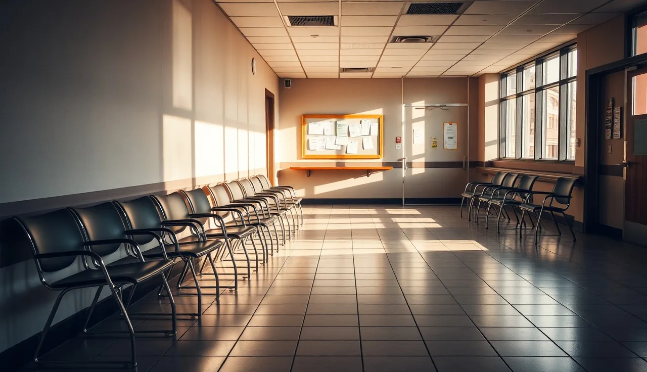 Empty government housing office lobby with afternoon light and a bulletin board