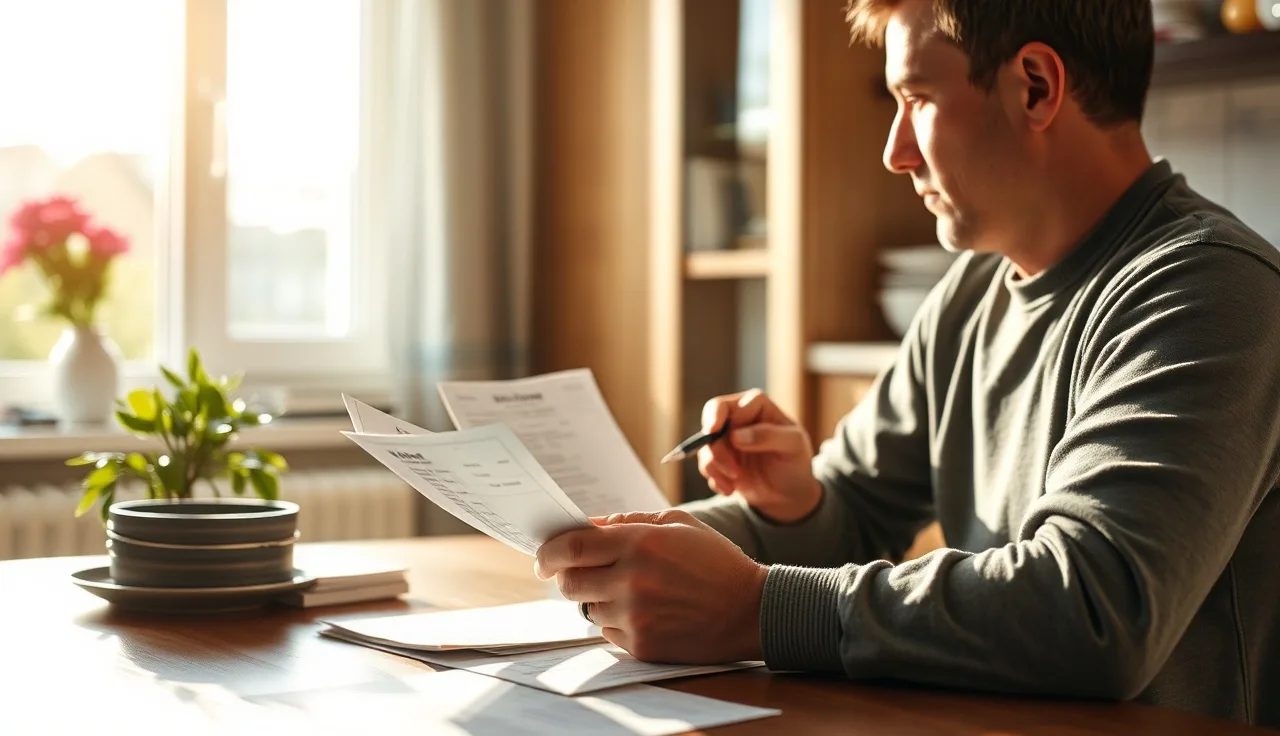 Person reviewing pay stubs and official mail at a kitchen table to report income changes