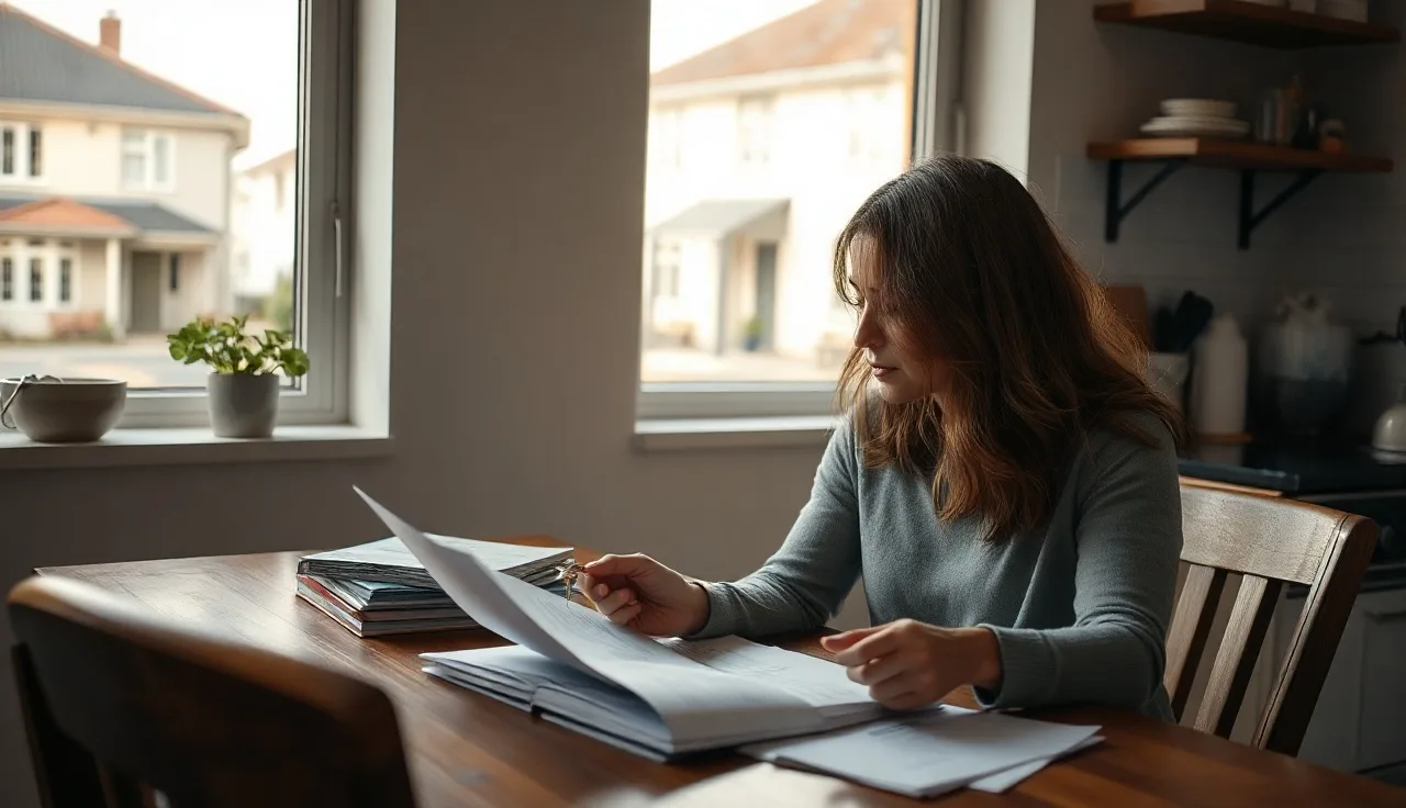 Woman reviewing housing documents at kitchen table with a house key, representing VAWA lease rights